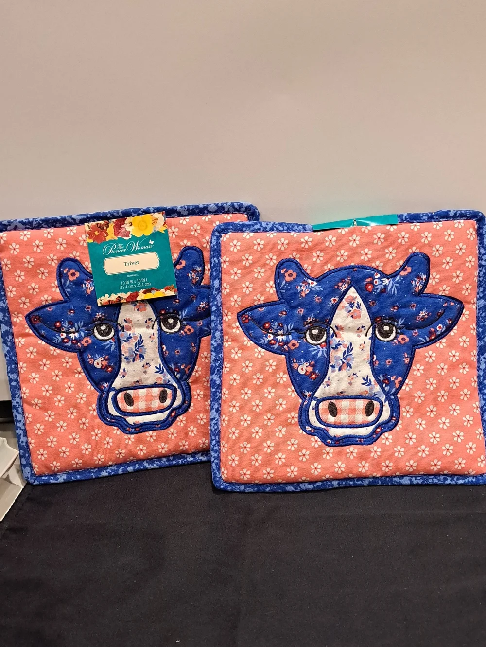 Set Of NWT Pioneer Woman Pot Holders/trivets. Blue Cow/red Floral. 10 X 10.